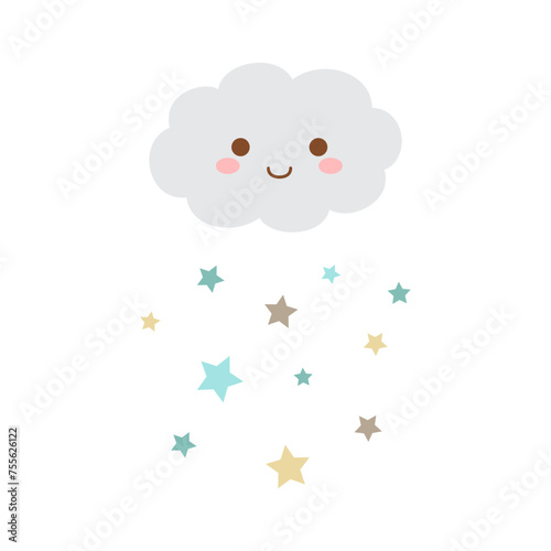Cute cloud with stars isolated on white background.