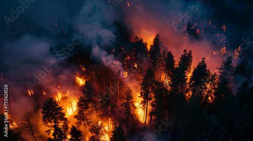 A forest fire is raging, with smoke and flames billowing out of the trees, natural disaster, fire in the forest