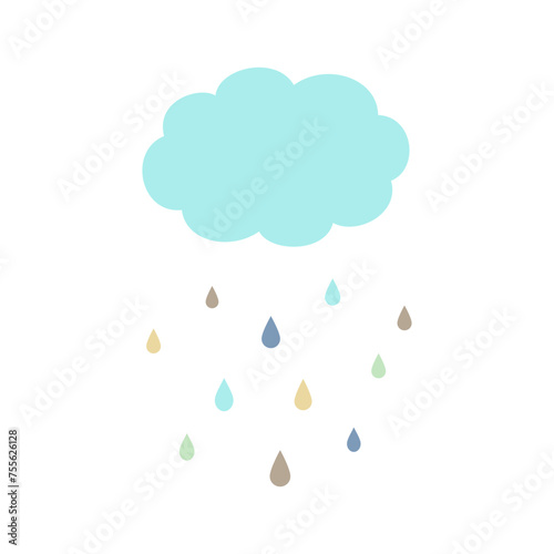 Cute cloud with raindrops isolated on white background.
