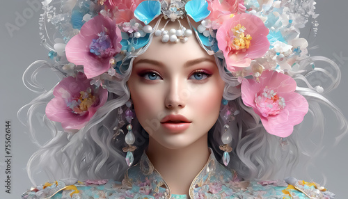 Beautiful young woman in flowers. Close-up portrait of a Caucasian woman. Fantasy collage. Made up scene