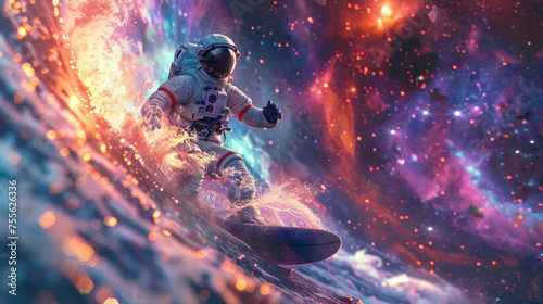 Facing a raging cosmic storm, this astronaut seems lost in abstract swirls of color and light © Fxquadro