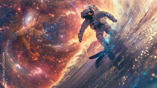 A conceptual astronaut rides a cosmic wave, skillfully surfing near a dazzling star cluster, blending action sports with cosmic wonders © Fxquadro