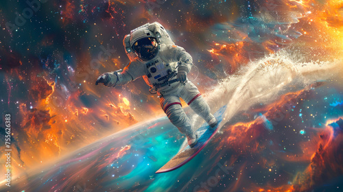 An astronaut boldly riding a surfboard on a cresting cosmic wave, merging the thrill of surfing with the wonder of space travel and futuristic imagery © Fxquadro