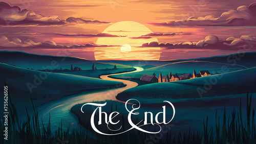 the concept of "The End", depicting a scenic sunset over a tranquil landscape, symbolizing closure, completion, and the beginning of a new chapter, generative ai