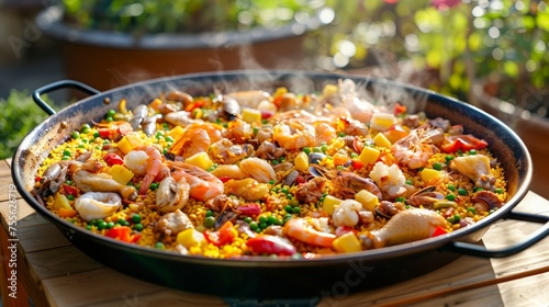 Delicious Traditional Seafood Paella in Cast Iron Pan, Hot and Fresh with Shrimp, Mussels, and Vegetables, Authentic Spanish Cuisine Concept