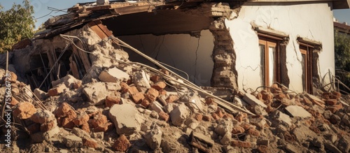 An old building has collapsed due to an earthquake, leaving a pile of rubble on top. The cracked walls and scattered debris depict the destructive impact of natural disasters on man-made structures.