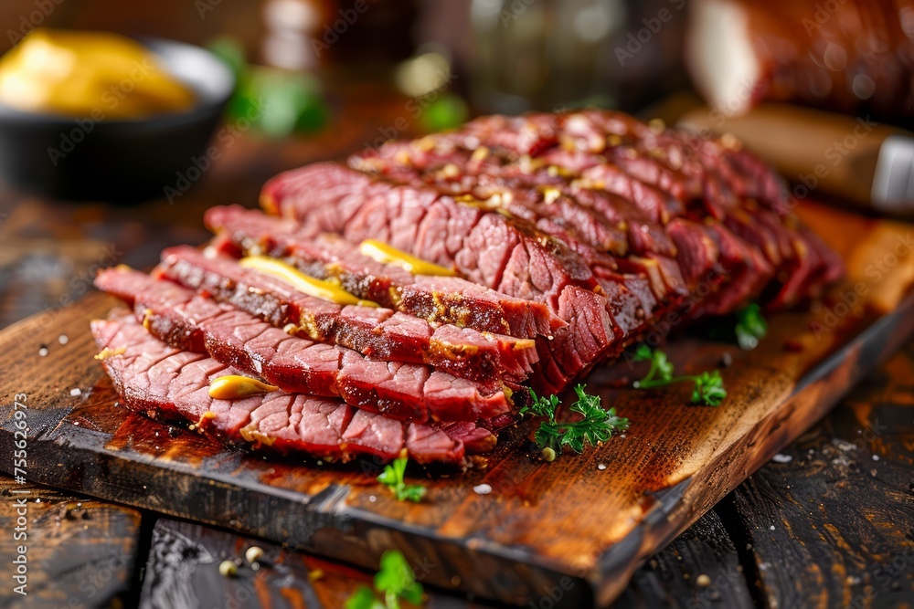 Sliced Tender Medium Rare Grilled Beef Steak with Seasoning on Wooden Board, Gourmet Meal Concept Sliced Tender Medium Rare Grilled Beef Steak with Seasoning on Wooden Board, Gourmet Meal Concept