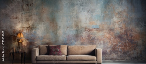 A couch is placed against a grunge wallpapered wall, with a lamp sitting on top of it. The scene is simple and functional.
