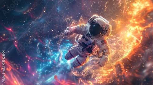 Amidst a backdrop of swirling cosmic lights and colors, an astronaut appears weightless, evoking themes of solitude and exploration
