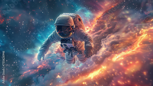 A lone spaceman traverses an otherworldly terrain of stardust and nebulae, symbolizing human curiosity and the quest for knowledge