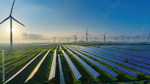 Dawn over Renewable Energy Farm with Wind Turbines and Solar Panels.