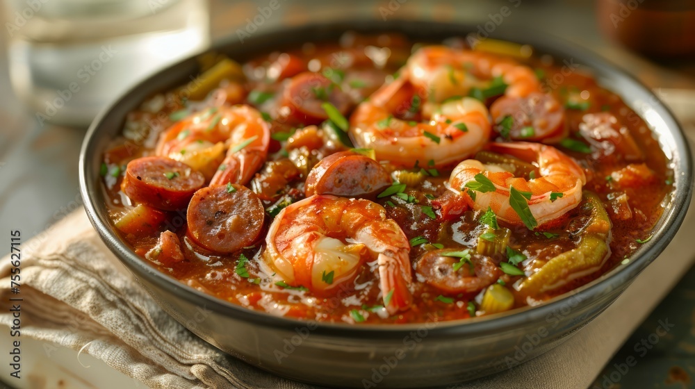 Creole-Cajun Style Shrimp and Sausage Gumbo Dish, Traditional Southern Louisiana Stew with Spices on Wooden Table