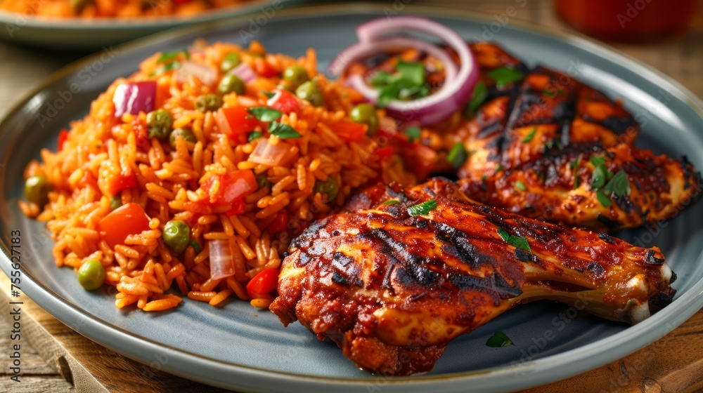 Delicious Grilled Chicken Thighs with Spicy Jollof Rice and Fresh Vegetables on Rustic Table Setting