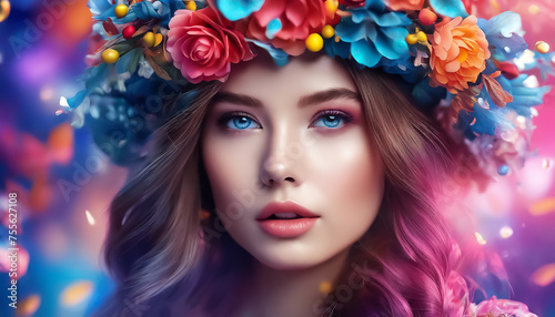 Beautiful young woman in flowers. Close-up portrait of a Caucasian woman. Fantasy collage. Fictional scene