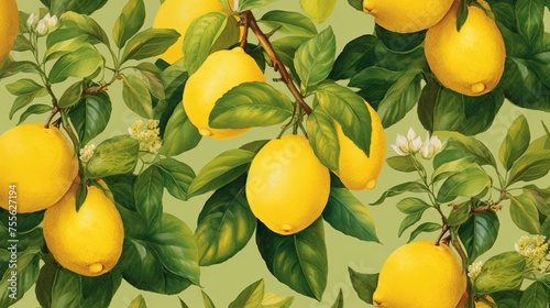 Flourishing lemon tree adorned with bright yellow fruits  set against a backdrop of lush green leaves.