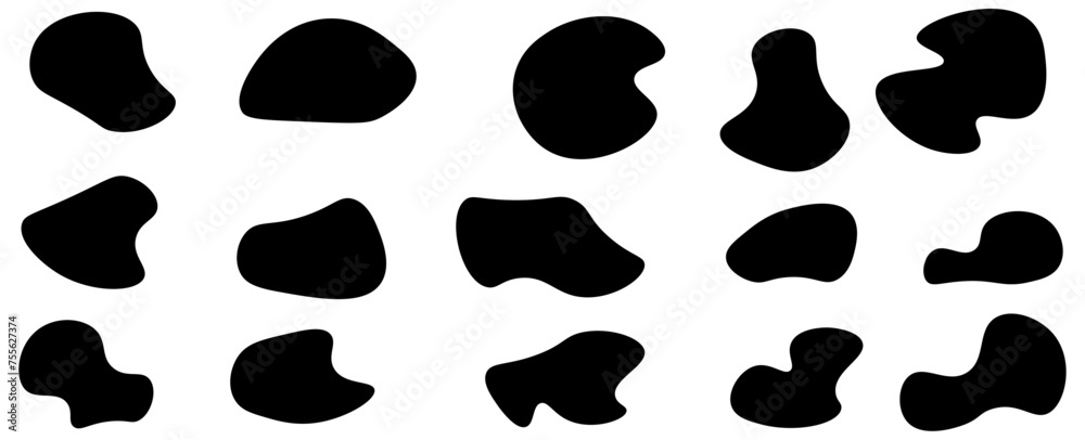 Black blob shapes, abstract organic forms, vector illustration. Modern blob shape design elements isolated on white background. Unique, artistic, creative, trendy, stylish, versatile, blobs set. Black blob shapes, abstract organic forms, vector illustration. Modern blob shape design elements isolated on white background. Unique, artistic, creative, trendy, stylish, versatile, blobs set.