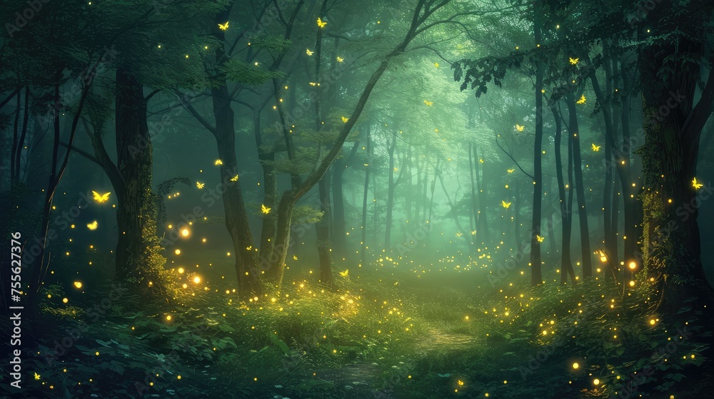 Enchanted Forest Glade with Fireflies.