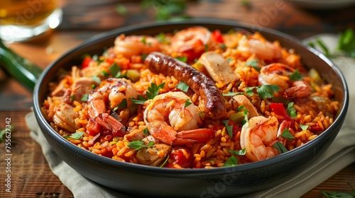 Delicious Traditional Seafood Paella in Cast Iron Skillet with Prawns, Peas, and Fresh Herbs on Rustic Wooden Table