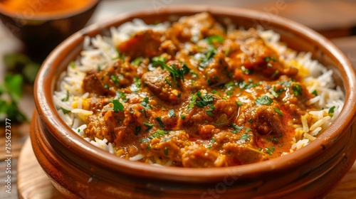 Delicious Chicken Tikka Masala Served with Fragrant Basmati Rice in Traditional Earthenware Bowl, Indian Cuisine