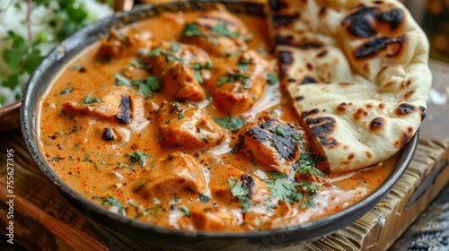 Authentic Indian Cuisine Close-up: Delicious Paneer Butter Masala with Fresh Naan Bread on Rustic Wooden Background