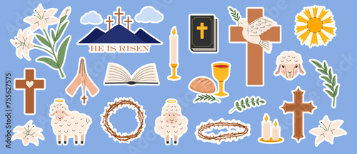 Easter sticker pack. Religious christian signs and symbols. Bible, hands holding cross, dove with branch, cross of Jesus Christ, crown of thorns, bowl and bread, sheep. Holy Week. Vector illustration 