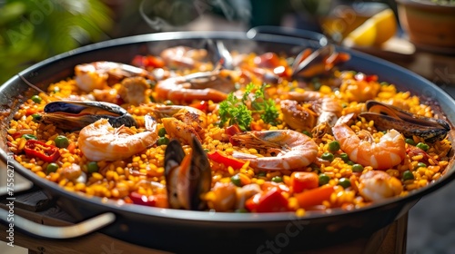 Traditional Spanish Paella with Shrimp, Mussels, and Fresh Vegetables Served in a Classic Pan on a Rustic Wooden Table, Authentic Mediterranean Cuisine