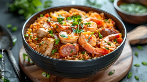 Delicious Spicy Shrimp and Sausage Jambalaya in Black Bowl Garnished with Fresh Herbs, Perfect Comfort Food Concept photo