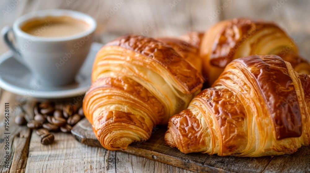 Fresh Flaky Golden Croissants Paired with Aromatic Espresso Coffee on Wooden Tabletop - Breakfast Delight Concept Fresh Flaky Golden Croissants Paired with Aromatic Espresso Coffee on Wooden Tabletop - Breakfast Delight Concept