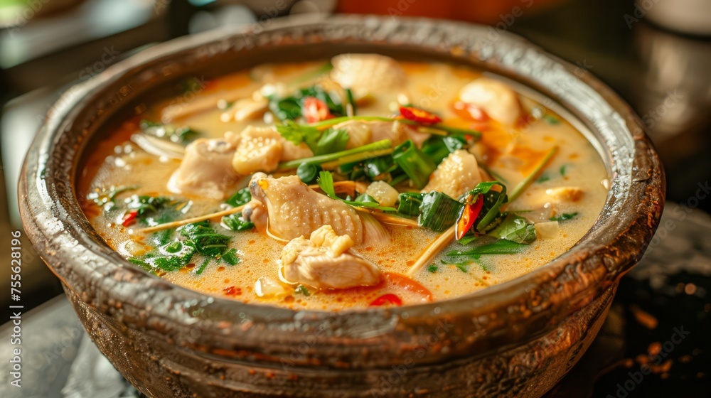 Traditional Spicy Thai Chicken Soup in Rustic Bowl on Wooden Table with Herbs Traditional Spicy Thai Chicken Soup in Rustic Bowl on Wooden Table with Herbs