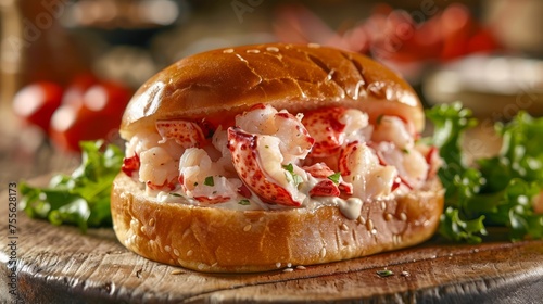 Gourmet Lobster Roll Sandwich on Wooden Board with Fresh Salad Background in Rustic Restaurant Setting