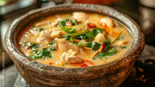 Traditional Spicy Thai Chicken Soup in Rustic Bowl on Wooden Table with Herbs