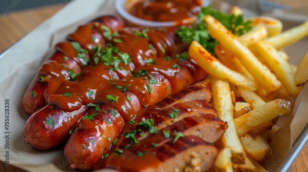 Delicious Grilled Sausages with Barbecue Sauce and Golden French Fries Garnished with Fresh Parsley on Wooden Table Delicious Grilled Sausages with Barbecue Sauce and Golden French Fries Garnished with Fresh Parsley on Wooden Table