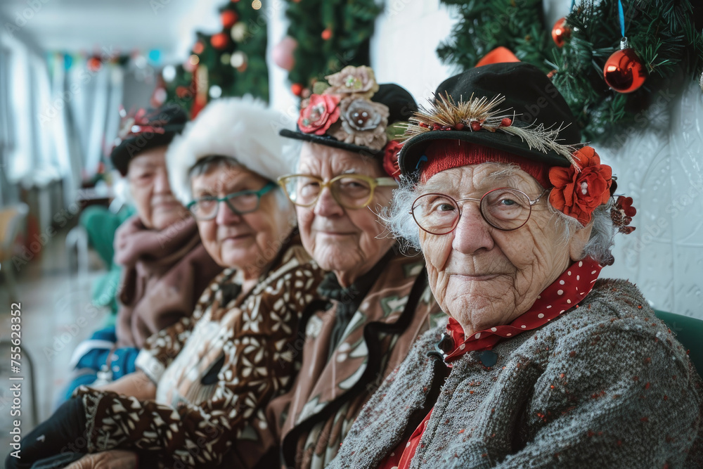 Portrait of a group of senior citizens in a nursing home decorated for christmas and the new year
