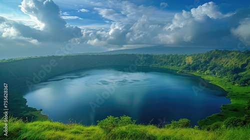 Tranquil Crater Lake Nestled in Lush Green Hills Under Cloudy Skies.
