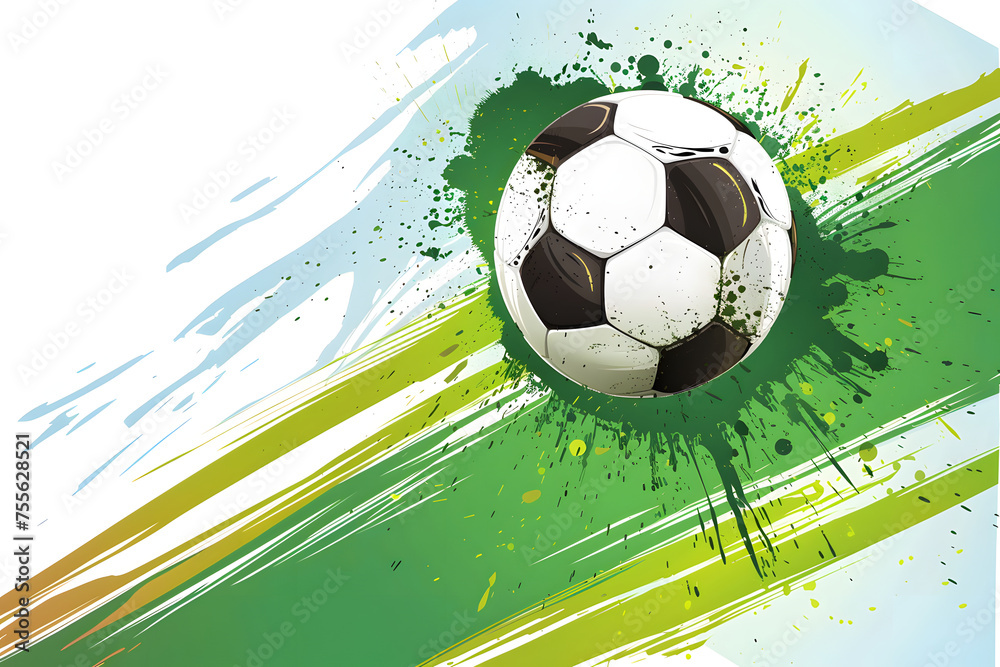 Naklejka premium illustration of a soccer ball on a background of colored splashes of spots and stripes in a flat style, space for text