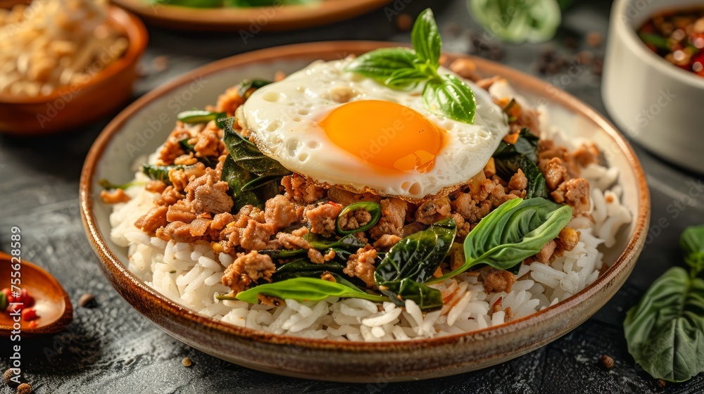 Delicious Stir-fried Minced Pork with Holy Basil on Rice Topped with Sunny Side Up Egg in Ceramic Plate on Dark Table Background Delicious Stir-fried Minced Pork with Holy Basil on Rice Topped with Sunny Side Up Egg in Ceramic Plate on Dark Table Background