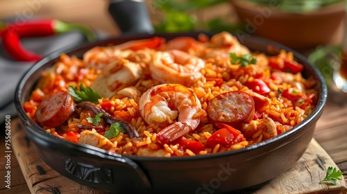 Delectable Shrimp Jambalaya in Traditional Skillet on Wooden Table with Herbs and Spices