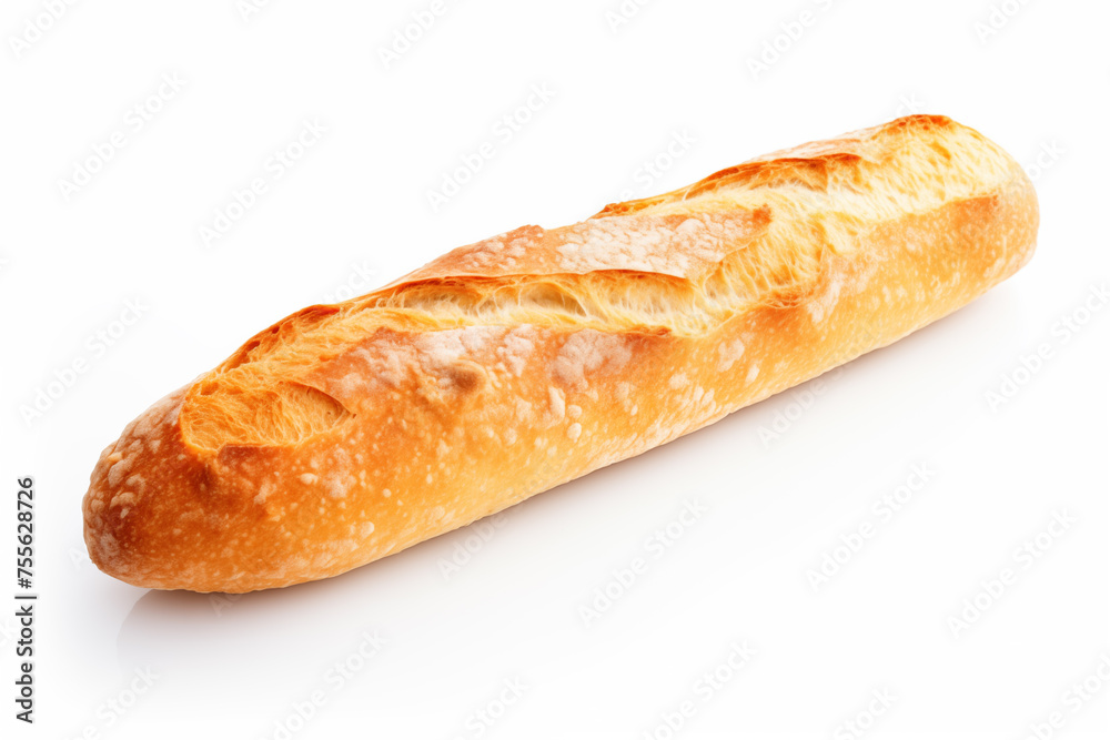 bread baguette with crispy crust close-up on a white background