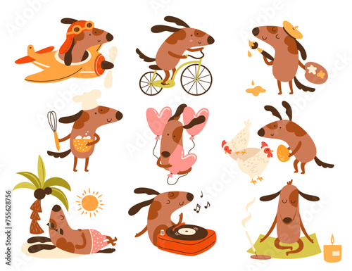 Cute happy dog characters set having fun, enjoying hobby activities, playing vector illustration