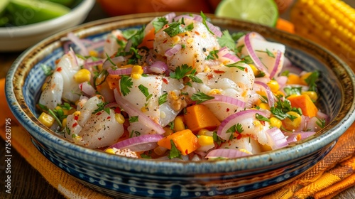 Fresh Homemade Ceviche with Lime, Corn, Cilantro, Onions and Diced Vegetables in a Decorative Bowl on a Wooden Table