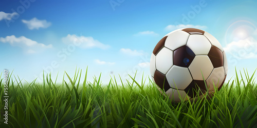 illustration of a football ball on a background of lawn and sky  background image with place for text