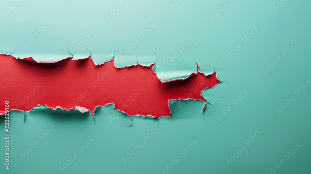 Aesthetically torn red paper on pastel green backdrop. Announcement concept. Elegant background. Generative AI Aesthetically torn red paper on pastel green backdrop. Announcement concept. Elegant background. Generative AI