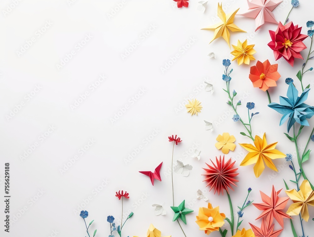 Origami, colorful meadow flowers on white background, empty space, copy space