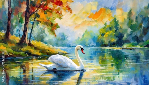 Serene lakeside scene with a lone swan gliding across the water © umar