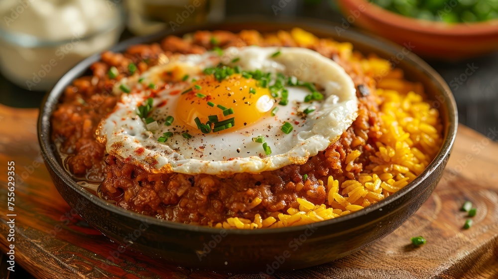 Delicious Spicy Rice Dish with Sunny Side Up Egg and Fresh Herbs Served in a Rustic Setting Delicious Spicy Rice Dish with Sunny Side Up Egg and Fresh Herbs Served in a Rustic Setting