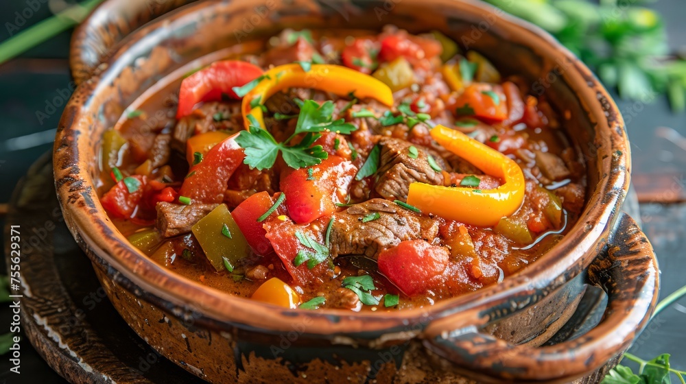 Traditional Homemade Stew with Fresh Vegetables and Herbs Served in Rustic Terracotta Bowl on Dark Table Traditional Homemade Stew with Fresh Vegetables and Herbs Served in Rustic Terracotta Bowl on Dark Table