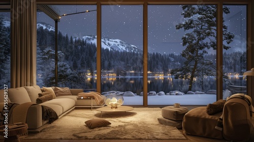Luxurious Winter Living Room with Panoramic View of Snowy Landscape.