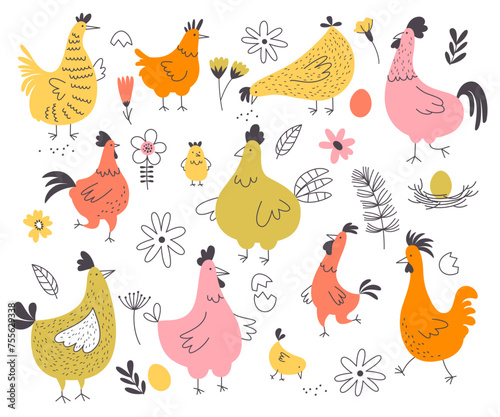 Funny farm animals, easter bird characters different cute colorful chicken and rooster set © Mykola Syvak
