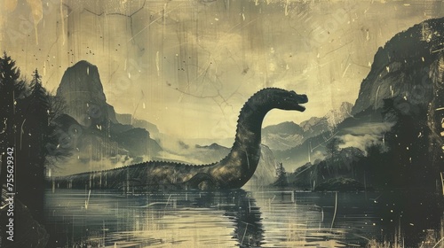Old retro photo of loch ness creature. Underwater monster swim in lake. Vintage illustration art. Scary mysterious nessie dinosaur. Unreal myth animal. Legend of lochness reptile.