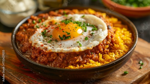 Delicious Spicy Rice Dish with Sunny Side Up Egg and Fresh Herbs Served in a Rustic Setting
